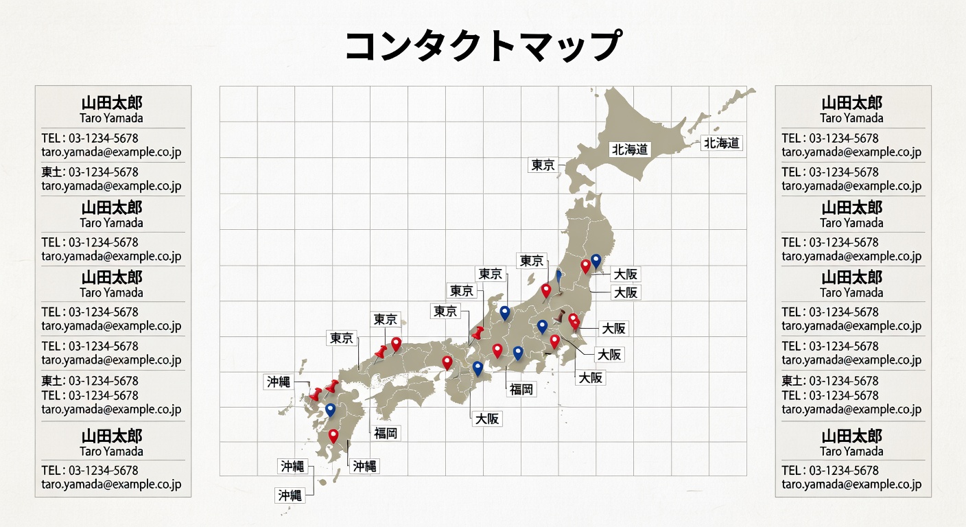 Japanese map illustration with location pins showing office location
